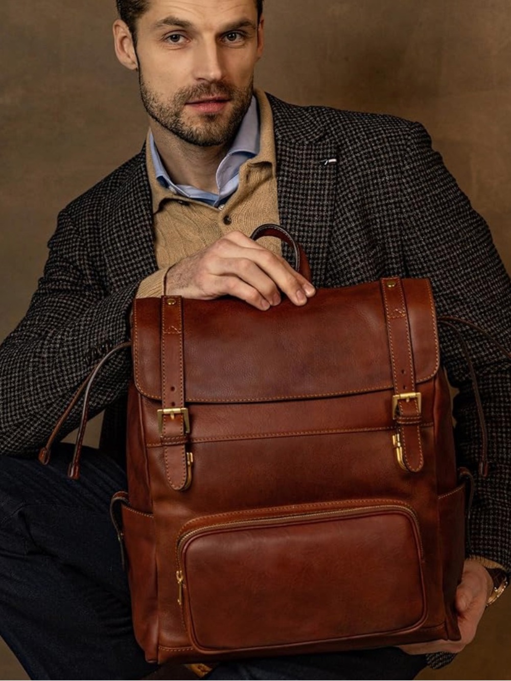 Men's Cognac Leather Backpack – Classic Travel & Work Pack